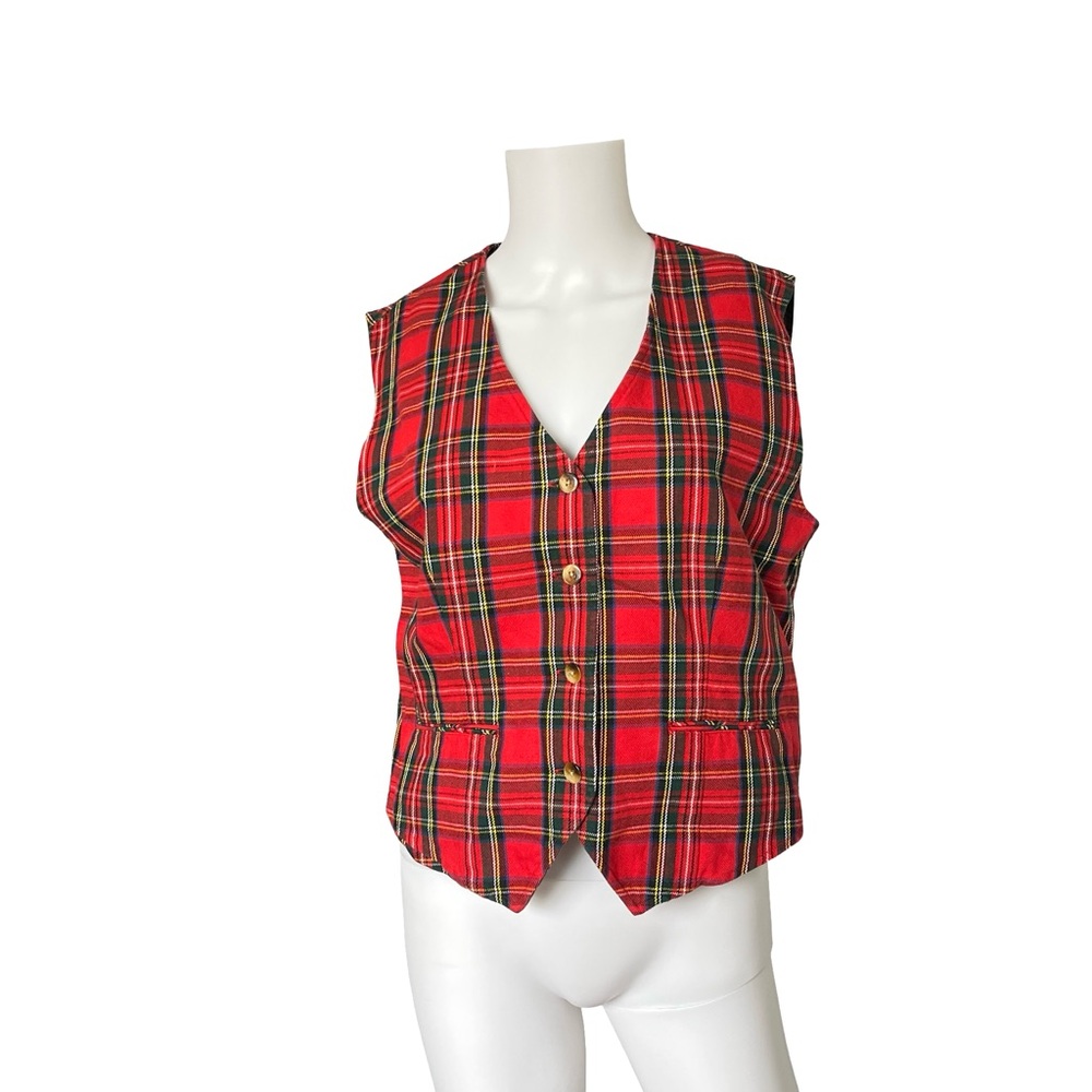 Lands End Vest Red Tartan Plaid Sleeveless Cotton Womens Size Medium